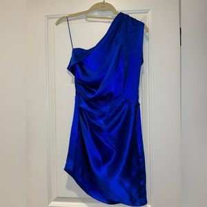 Michelle Mason blue satin asymmetrical draped mini dress size 0